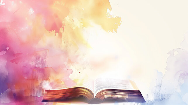 Open Bible with Colorful Watercolor Style Background