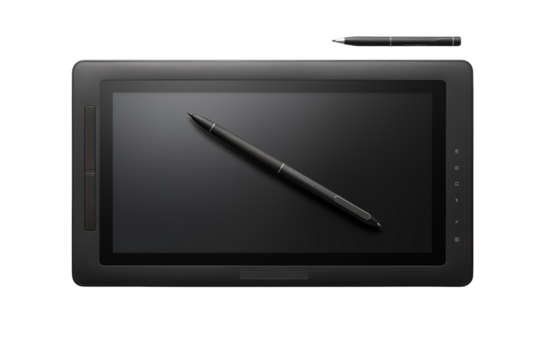 A Black Stylus Rests Atop a Sleek, Modern Graphics Tablet on a Clear PNG or White Background.