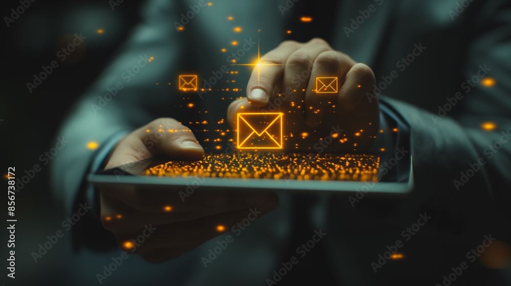 Sticker a person working on a tablet, using finger to press the send button on an email icon symbols