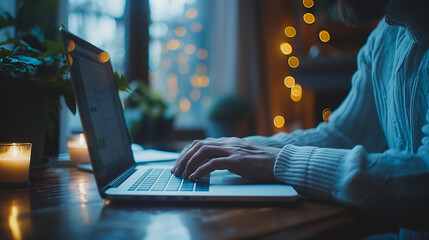 Close-up of a businessman at a modern office table, diligently working on laptop.