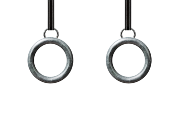 Metallic Gymnastic Rings Hanging From Black Straps on a Clear PNG or White Background.