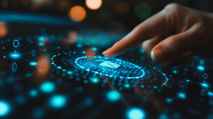 a person using finger to press the send button on an email icon symbols