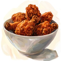 fried chicken in white bowl on white background, in the style of 2d game art