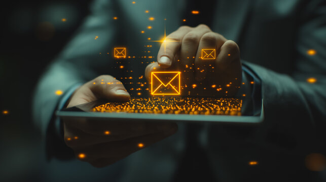 a person working on a tablet, using finger to press the send button on an email icon symbols