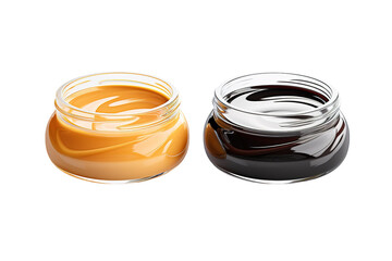 Golden Peanut Butter and Rich Black Molasses in Glass Jars on a Clear PNG or White Background.