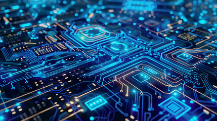 Obraz premium High-resolution abstract blue circuit board background with glowing elements and central copy space suitable for AI Technology and Crypto Currency conceptsfuturistic 