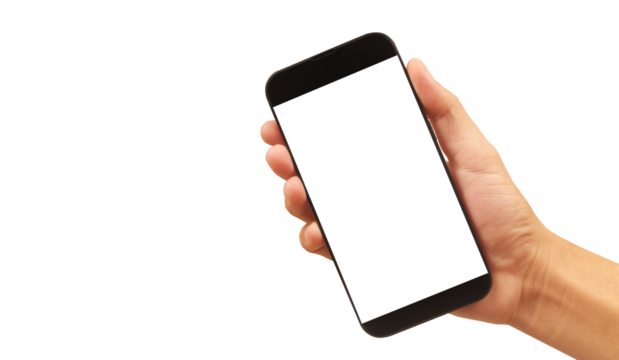 Hand holding smartphone device and touching screen - Powered by Adobe