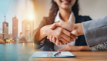 A young professional shaking hands with a new employer in an office setting.