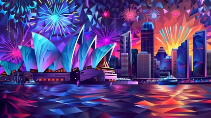 Fototapeta premium 3D art paper wallpaper, opera house sydney, a landmark of Australia, beautiful colors.