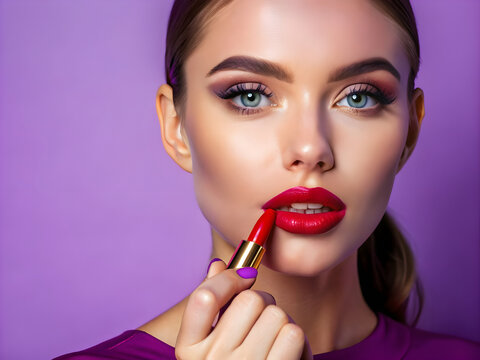 A biracial young female applying lipstick at home, looking up