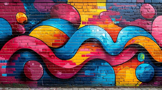 A bold urban wall background covered in colorful graffiti art, featuring a mix of street art elements like characters, tags, and geometric shapes, vibrant colors and high energy, dynamic 