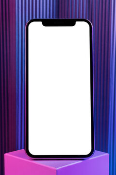 Black smartphone screen mockup background on purple cubic stand