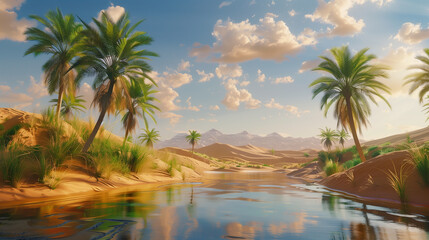 A beautiful landscape with a river and palm trees. The sky is blue with some clouds