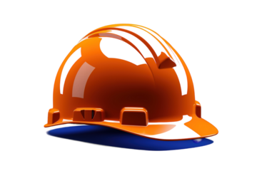 A Shiny Orange Hard Hat Resting On A Blue Shadow on a Clear PNG or White Background.