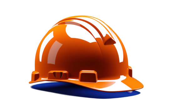 A Shiny Orange Hard Hat Resting On A Blue Shadow on a Clear PNG or White Background.