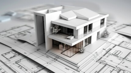 3D architectural model of a modern house placed on top of detailed blueprints, representing construction planning.