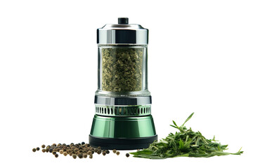 A Green Electric Spice Grinder With Fresh Herbs and Peppercorns on a Clear PNG or White Background.