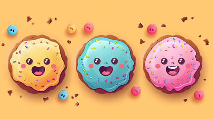 Cartoon cookies with smiley faces and winking eyes, in light, pastel colors, whose details and crumbs are perfect for children's illustrations.