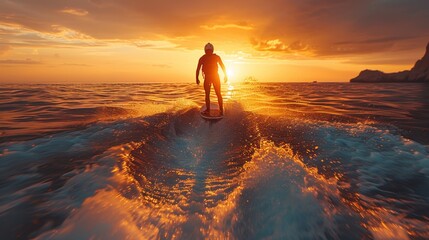 Fototapeta premium Silhouette of a Surfer Riding a Wave at Sunset