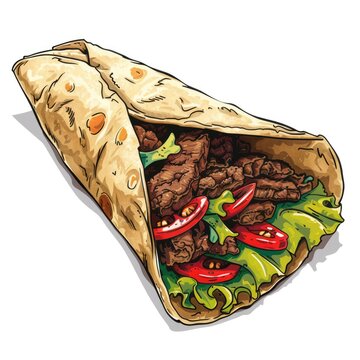 cartoon tapatio wrap with meat and salad isolated vector illustration, in the style of vivid brushstrokes