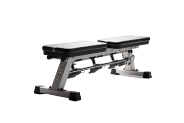A Silver and Black Adjustable Weight Bench in a Studio Setting on a Clear PNG or White Background.
