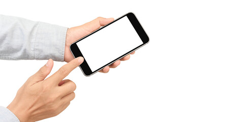 Hand holding smartphone device and touching screen