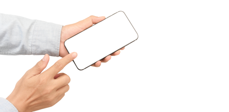 Hand holding smartphone device and touching screen