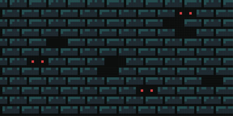 Dark, spooky brick wall pixel art background. Seamless stone tile, Halloween pattern, 8 bit banner. Game development, mobile app template. Backdrop vector illustration. 