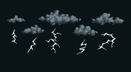 Thunder, gray clouds pixel art set. Rainy, dark thundercloud collection. Electric bolt, charge 8 bit. Game development, mobile app. Isolated vector illustration. 