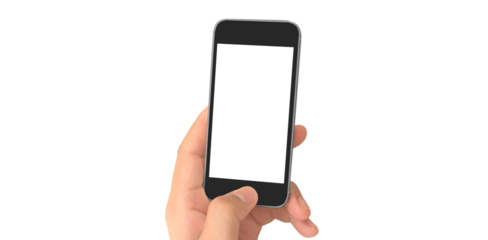 Hand holding smartphone device and touching screen