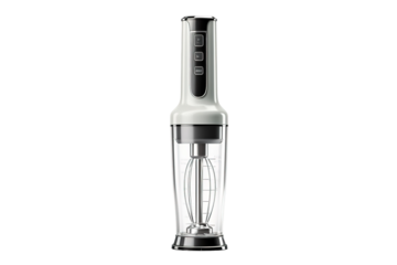 A Sleek White Immersion Blender With a Clear Measuring Cup and Chrome Accents on a Clear PNG or White Background.
