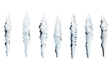 A Frozen Symphony of Seven Icicles Hanging in Mid-Air on a Clear PNG or White Background.
