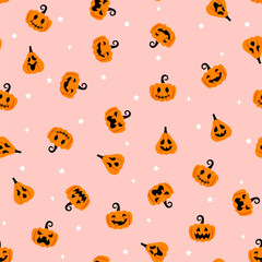 Cute Halloween pumpkin seamless pattern. Vector Halloween print with orange smiling spooky pumpkins and stars on pink background. Happy Halloween print for fabric, textile, wrapping paper, cover.