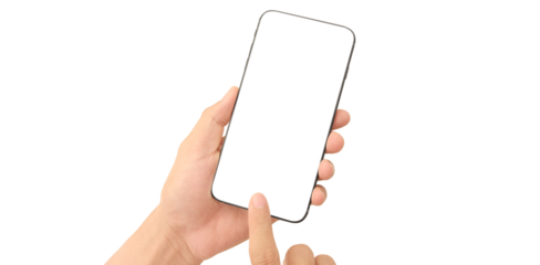 Hand holding smartphone device and touching screen