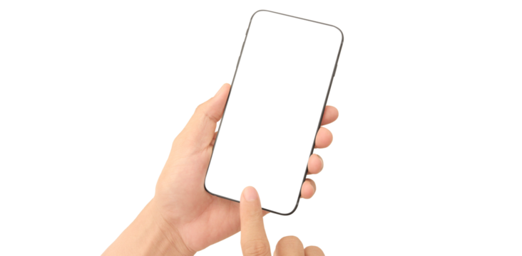 Hand holding smartphone device and touching screen