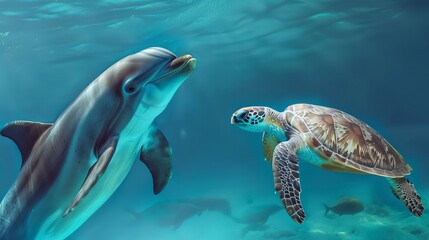 Obraz premium Capture a captivating underwater scene featuring a dolphin and a sea turtle. The image should showcase the marine animals in sharp focus, with vibrant colors and intricate details visible. 