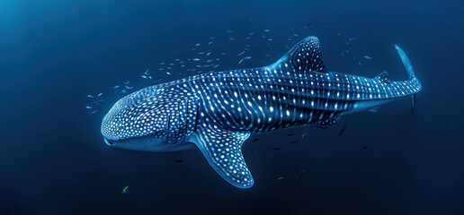 Fototapeta premium A whale shark swimming in the deep blue ocean, with its large body covered in black and white spots and long tail fin gracefully gliding through the water.