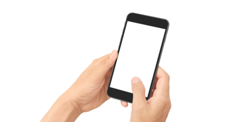 Hand holding smartphone device and touching screen