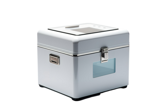 A Secure White Box With A Clear Window And A Silver Clasp on a Clear PNG or White Background.