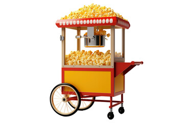 A Red And Yellow Popcorn Cart Overflowing With Buttery Goodness on a Clear PNG or White Background.