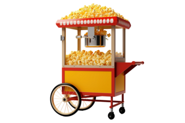 A Red And Yellow Popcorn Cart Overflowing With Buttery Goodness on a Clear PNG or White Background.