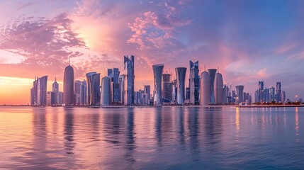 Fototapeta premium Sunset skyline of Doha, Qatar, showcasing its modern architecture and urban landscape.