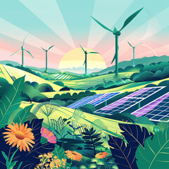 A flat illustration of solar panels and wind turbines in the countryside