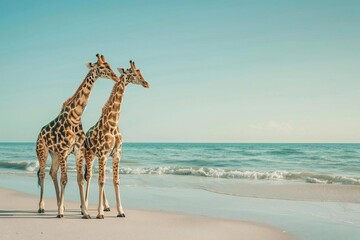 Obraz premium Joyful giraffe kissing in wild African safari background