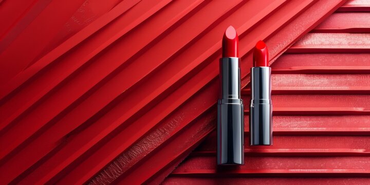 Two red lipsticks on a textured, monochromatic red background with diagonal lines, emphasizing elegance and sophistication.