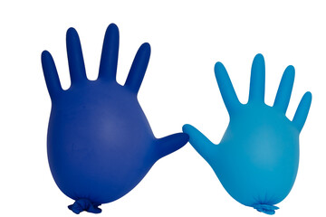 Two blue latex gloves are shown side-by-side as faces facing each other