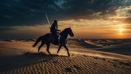 Knight riding a horse in the middle of the desert