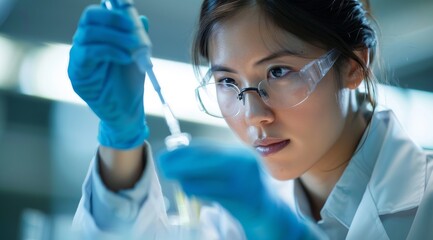 Closeup shot of an Asian female scientist working in a laboratory with protective glasses and gloves