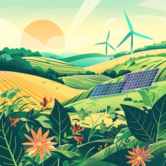 A flat illustration of solar panels and wind turbines in the countryside