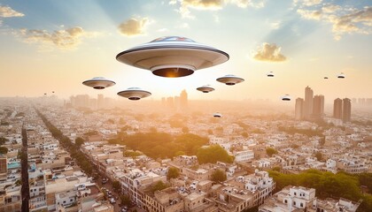 A dramatic scene of alien ships descending on a modern city with panicked crowds.